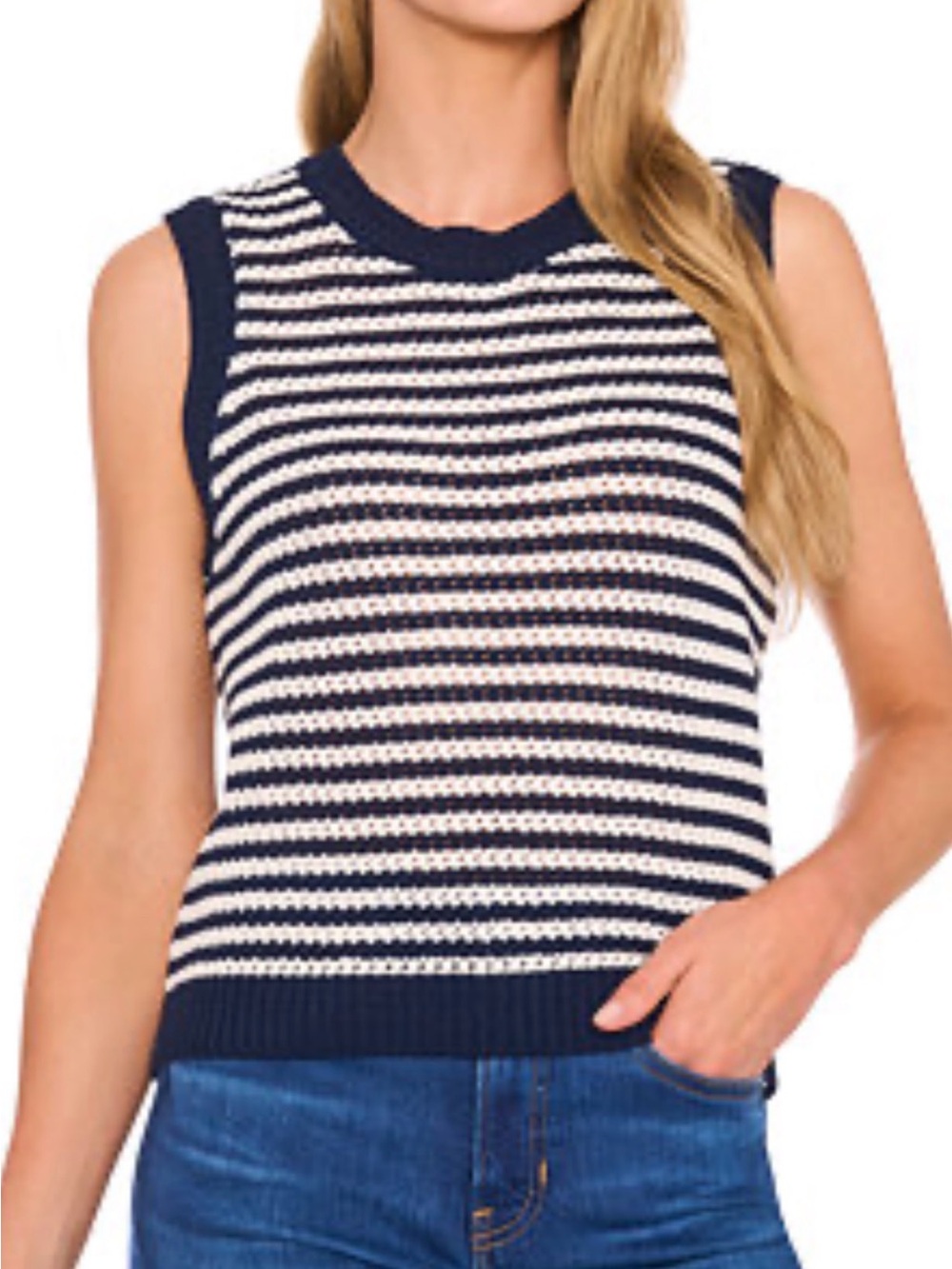 NEW CeCe Striped Sleeveless Knit Shell Sweater Top Navy White Large L Women’s